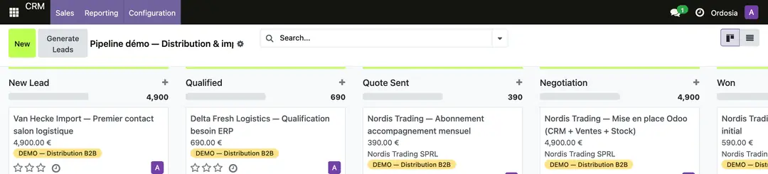Capture d'écran réelle du CRM Odoo déployé par Ordosia