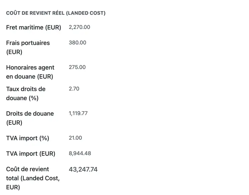Détail du coût de revient réel (landed cost)