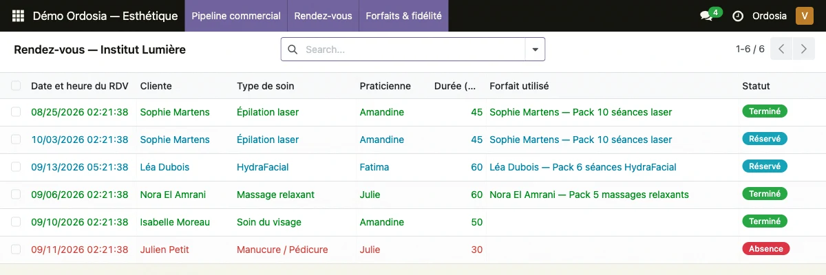 Capture d'écran réelle du carnet de rendez-vous Institut Lumière